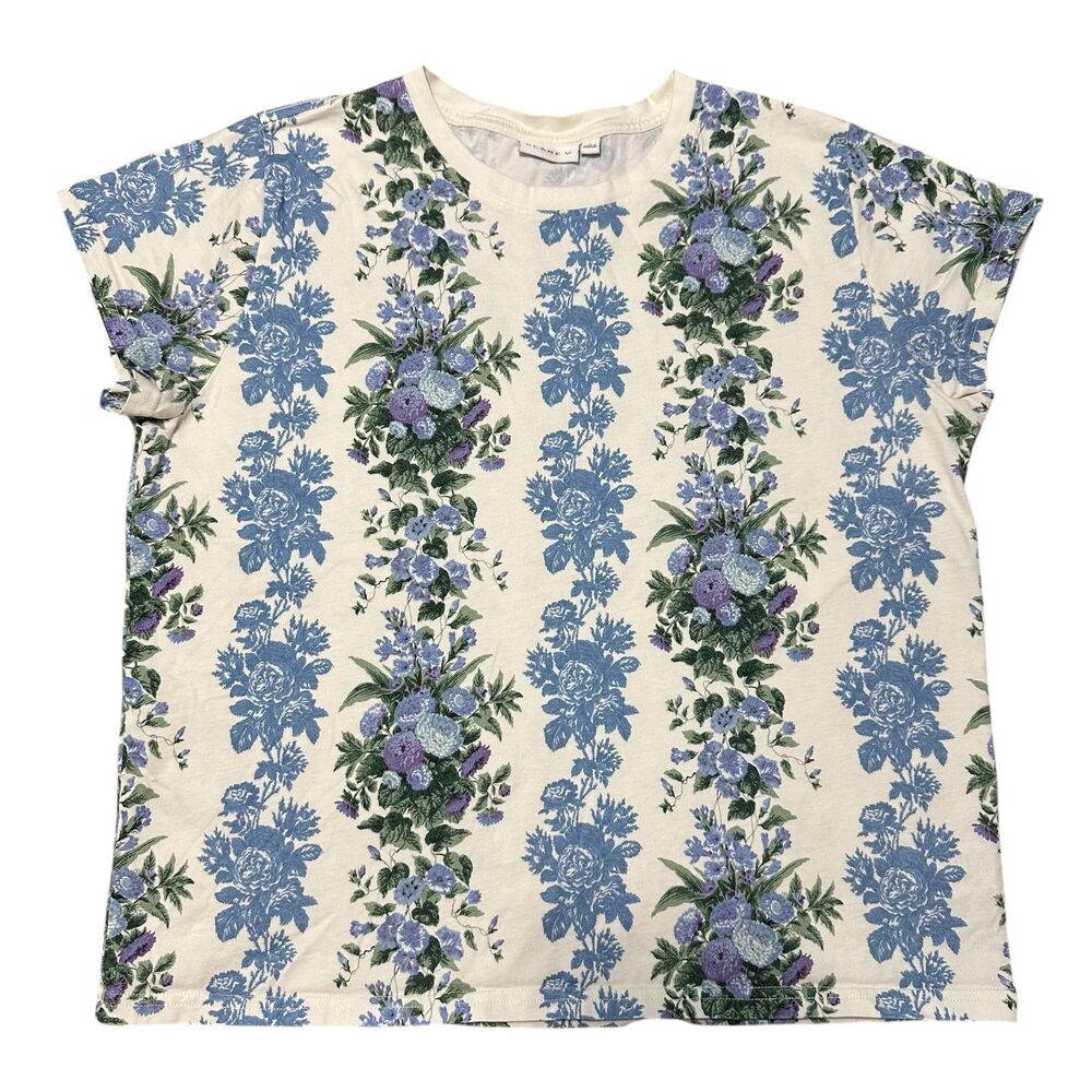 Clare V Blue Cream Floral Stripe Cotton Classic T-Shirt, Large